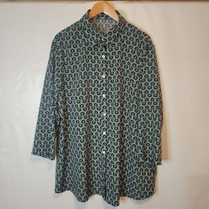 Geometric Pattern Button-Up Tunic in Teal and Black